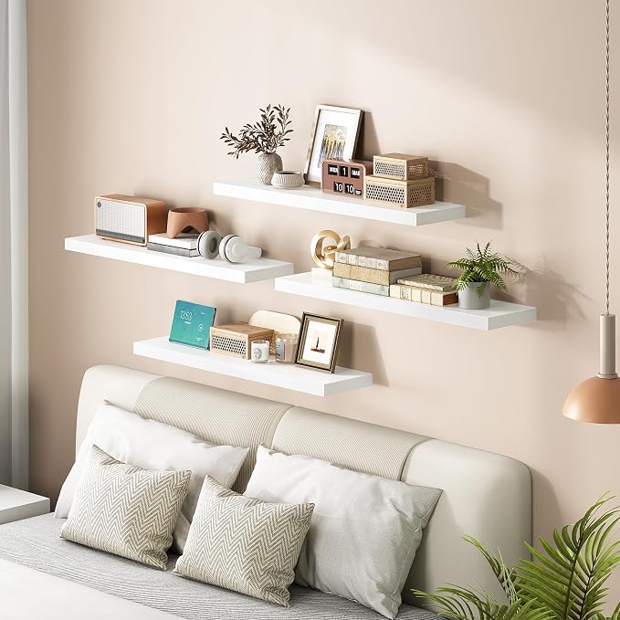 HOOBRO Floating Shelves for Wall, Wall Mounted Shelf Set of 2, 31.5" Hanging Shelf with Invisible Brackets, for Wall Decor Storage in Bathroom Bedroom Kitchen Living Room Office, White WT80BJP201