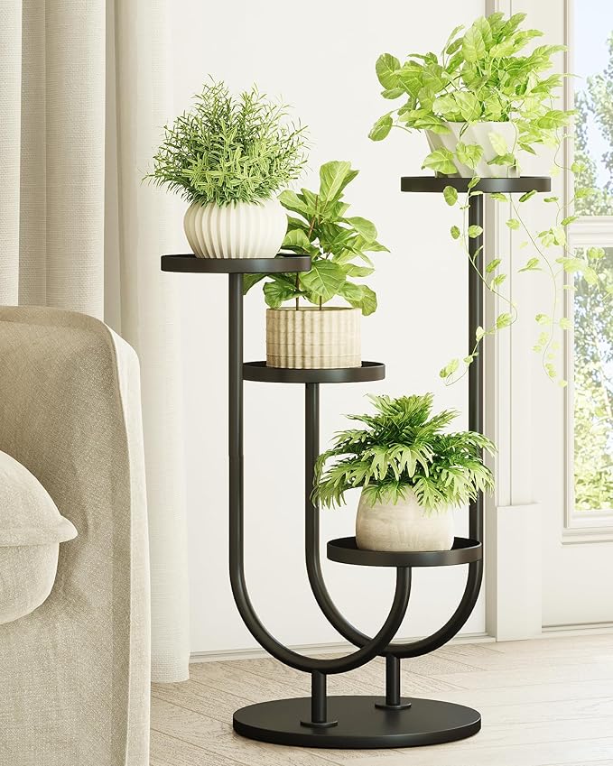 Bamworld Upgraded Outdoor Plant Stand Metal Plant Stand Indoor Corner Plant Stands 4 Pots Plant Shelf for Tall Plant Holder Black Plant Shelves for Living Room Bedroom Midcentury Modern Home Decor