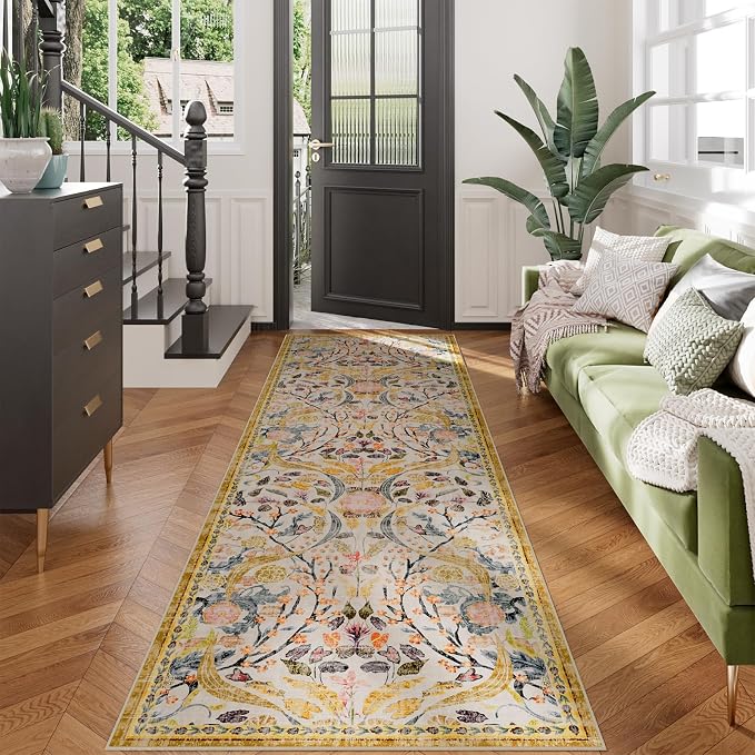 AMTOVO 2.7x8 Runner Entryway Rug for Hallway, Washable Non-Slip Long Kitchen Carpet, Floral Vintage Distressed Floor Mat for Hallways Bathroom Laundry Room Farmhouse, Golden Yellow