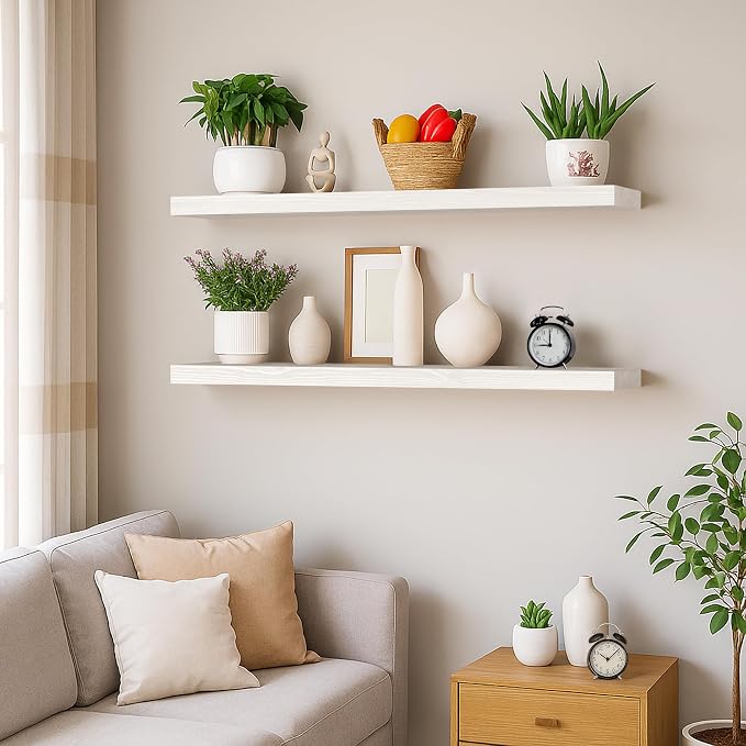 BGMG Wood Floating Shelves for Wall 42 inch Set of 2,White Floating Shelves,Solid Wood Wall Mount Shelves for Bathroom Living Room Bedroom Kitchen Farmhouse -42x 6.7 x1.25 inch