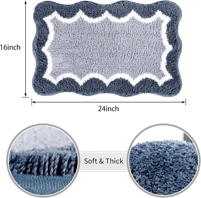 Scalloped Blue Small Bathroom Rugs Mat,Non Slip Absorbent Quick Dry Bath Mats for Shower Room,Plush Microfiber Bath Rug for Bathroom Floor Washable Carpet for Shower Tub Sink Bedroom,16"x24"
