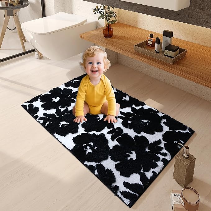 Civkor Black and White Bathroom Rug, Tufted Flower Bath Mat for Bathroom with Non Slip TPR Backing, Quick Dry Microfiber Surface, Soft and Super Water Absorbent Bath Rug, 24x16Inch