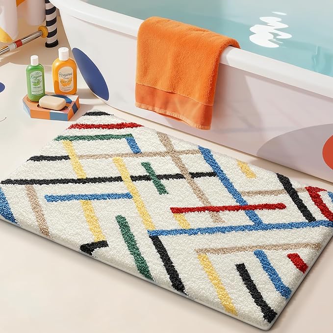 LUMI Bathroom Rugs with Colorful Line, Soft Absorbent Bath Mat for Modern Home Decor, Non-Slip Quick-Dry Bath Rug, Machine Washable Floor Mat for Shower and Tub, Entryway, 24"x36", Colored Line