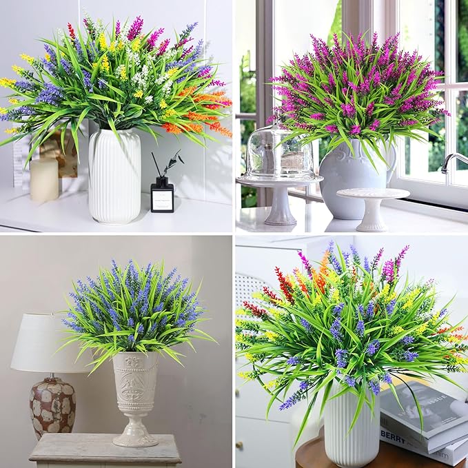 Ouddy Decor 24 Bundles Artificial Flowers for Outdoors, Fake Lavender Flowers Monkey Grass Faux Plastic Plants Shrubs UV Resistant for Porch Garden Window Box Office Home Decorations, Mixed