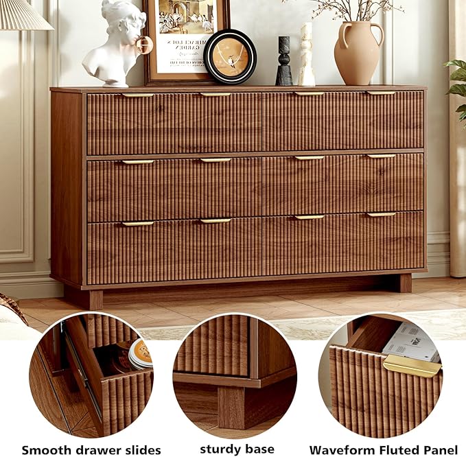 54.72" Modern Chest of Drawer, 6 Deep Drawers,Clothes Organizer,Large Storage Cabinet for Living Room, Bedroom,Dresser TV Stand, Wood Drawer Organizer for Living Room, Hallway, Sepia