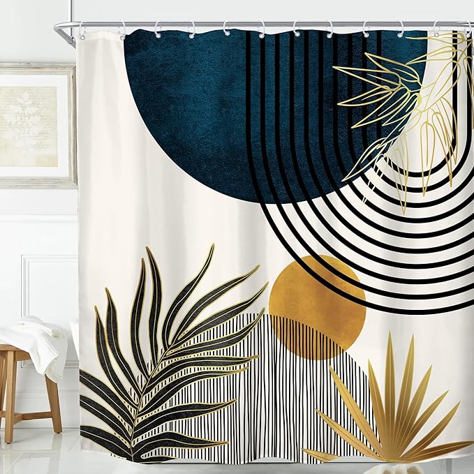 KOMLLEX Mid Century Blue Boho Shower Curtain 72Wx72L Inches Abstract Modern Blue Shower Curtains for Bathroom Decor Plant Botanical Minimalist Arch Sun Fabric Liner Waterproof Polyester 12 Pack Hooks
