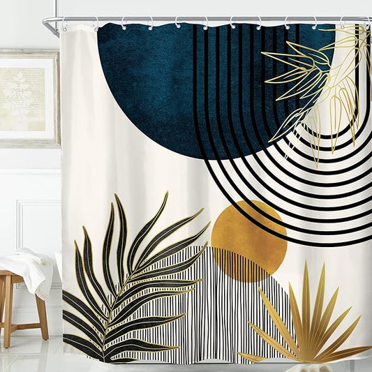 KOMLLEX Mid Century Blue Boho Shower Curtain 72Wx72L Inches Abstract Modern Blue Shower Curtains for Bathroom Decor Plant Botanical Minimalist Arch Sun Fabric Liner Waterproof Polyester 12 Pack Hooks