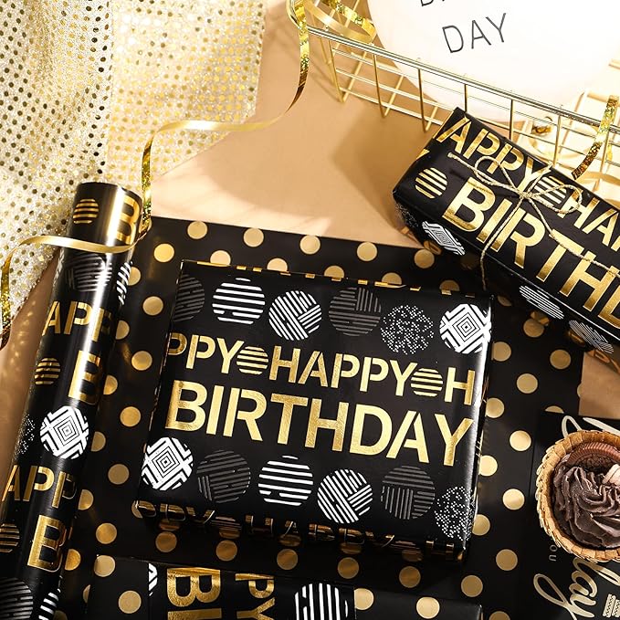 WRAPAHOLIC Reversible Birthday Wrapping Paper Roll - Mini Roll - 17 Inch x 16.5 Feet - Black Gold Happy Birthday Wrapping Paper Perfect for Adults Kids Girls Boys, Baby Shower