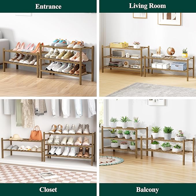 Smiry Bamboo Shoe Rack for Closet, 3 Tier Wooden Stackable Shoe Organizer, Free Standing Shoes Storage Shelf for Entryway, Front Door Entrance, Walnut