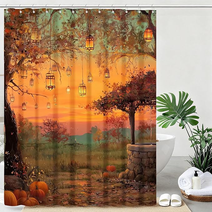 Fall Pumpkins Shower Curtain Autumn Thanksgiving Tree Shower Curtains for Bathroom Waterproof Fabric Bath Curtain Decor with Hooks