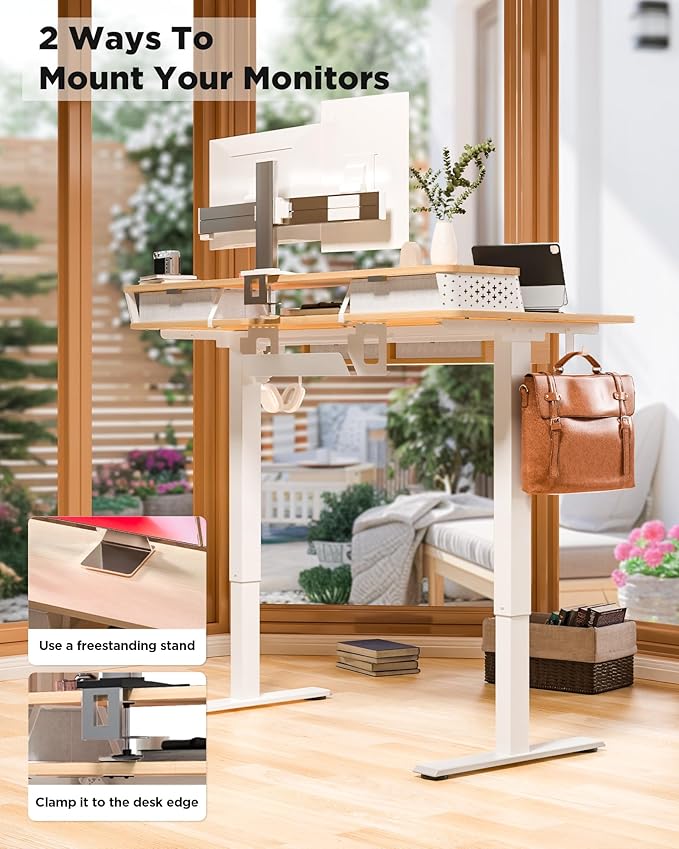 FiCiHi Adjustable Height Standing Desk with 4 Drawers,40 x 24 inches Electric Sit Stand Home Office Desk with Two Tiers, 3 Memory Presets, Monitor Stand Riser, C-Clamp Mount Compatible