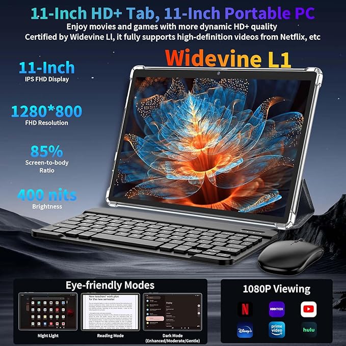 2026 Android 15 Tablet, 11 inch Tablet with Keyboard, 24GB+256GB+2TB Expand, Octa-Core, 8000mAh, Gemini AI Tablets PC with 5G/2.4G WiFi, BT5.0, GPS, 2 in 1 Tablets with Case, Mouse, Stylus(Black)