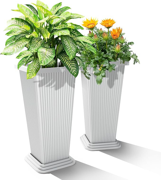24" Tall Planters for Outdoor Plants, Set of 2 Large Outdoor Planters for Front Porch Decor with Drainage Hole, Front Porch Decor (Stripes-White)