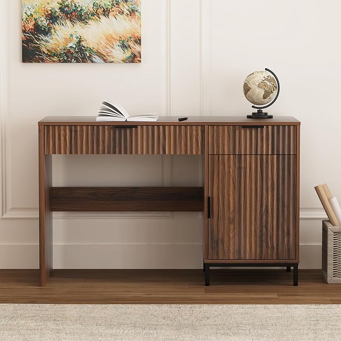 47" Fluted Executive Desk, Modern Wood Home Office Desk with Charging Station, Drawer & Cabinet, Computer Writing Desk for Work Study, Brown