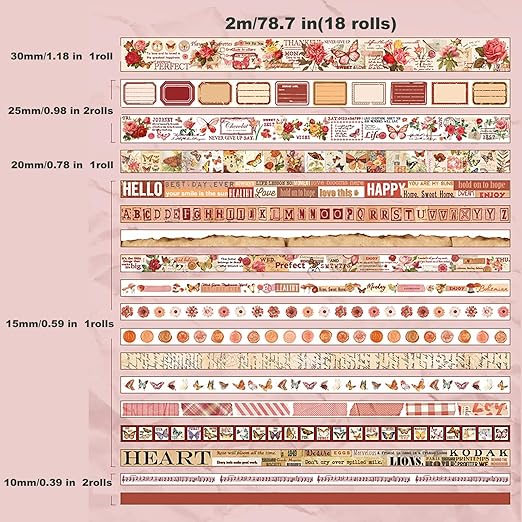 Auguro 18 Rolls Washi Tape Set for Crafts and Journaling DIY Vintage Floral Tape Scrapbooking Supplies washi Tape for journaling Decorative Tape for Crafts