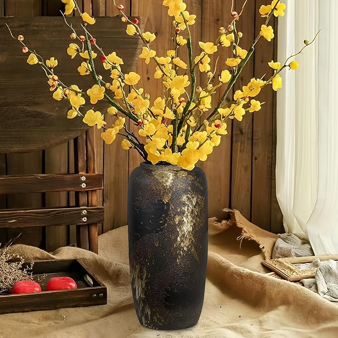 Black Rustic Ceramic Tall Floor Vase, 15.7 Inch Vintage Large Farmhouse Vase Pottery Clay Terracotta Rustic Vases for Home Decor Living Room Entryway Table Centerpieces,Kitchen,Housewarming Gifts