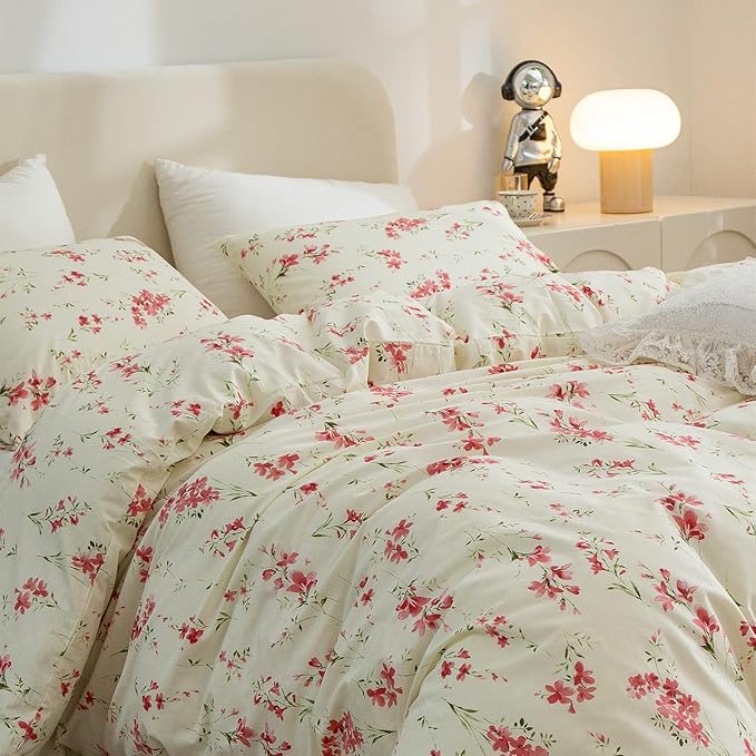 Comforter Set King Floral Soft Bedding Comforter 3 Pieces Lightweight Garden Style Red Flower Print Botanical Flowers Comforter Set 1 Comforter and 2 Pillowcases (Floral, King)