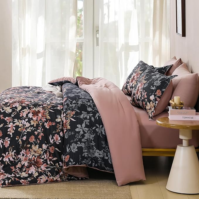 Dobuyly King Size Comforter Set, 7 Pieces Black and Pink Floral Comforter Set, Bed in a Bag King with Botanical Flowers Pattern, All Season Farmhouse Bedding Set with Sheets, Pillowcases & Shams