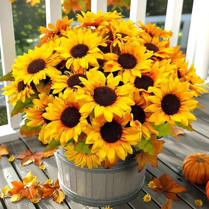 Sunflowers Artificial Flowers, 4 Bundles Fake Fall Flower UV Resistant Silk Sunflower for Vase Autumn Wedding Table Home Porch Patio Garden Indoor Outdoor Decor