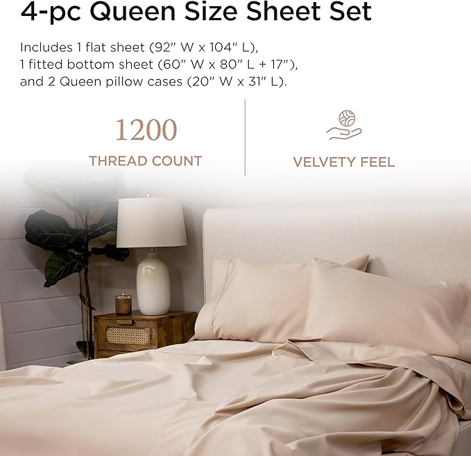 Threadmill Luxury Supima Cotton Sheets, Luxury 1200 Thread Count Soft 100% Cotton Sheets for Queen Size Bed, 4 Pc Beige Bed Sheets Queen Set, 5-Star Hotel Quality Deep Pocket Bed Sheets Set