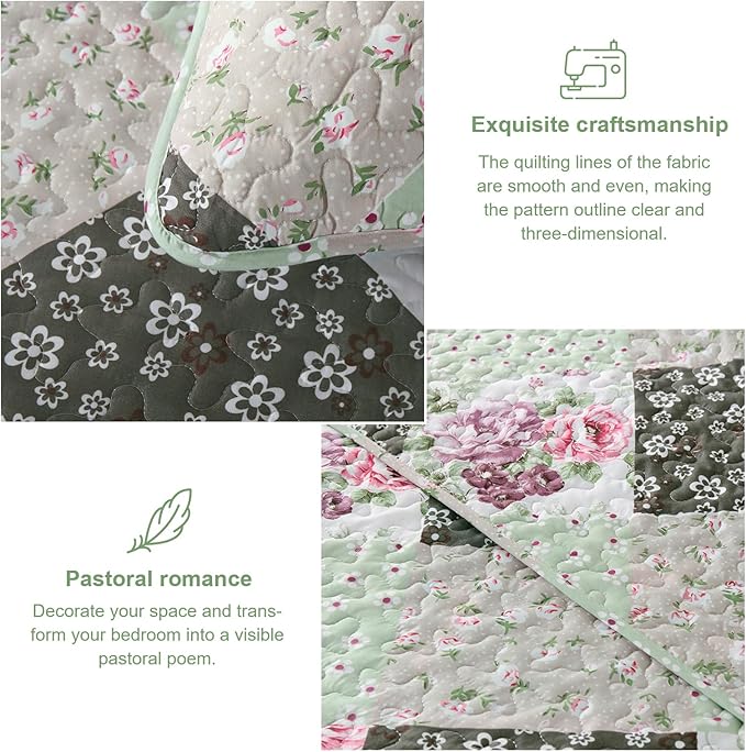 Dinjoy Green Quilt Set Queen Size, Reversible Floral Plaid Patchwork Pattern Bedding Set Soft Microfiber Lightweight Bedspread Coverlet 3 Piece Spring Summer Use (90x96 inches)