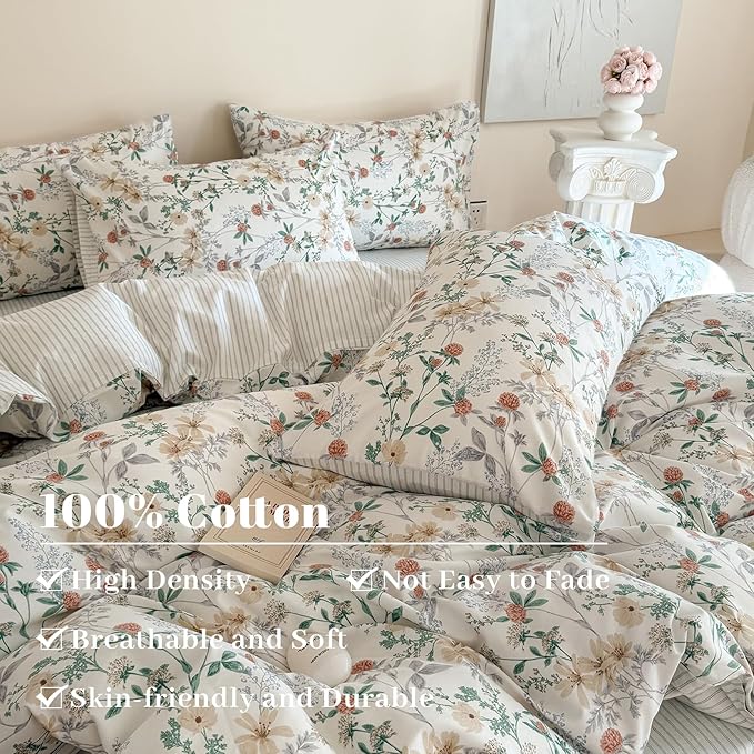 EAVD Girls Floral Duvet Cover Twin Soft 100% Cotton Garden Chic Floral Leaves Pattern Bedding Set with 2 Pillowcases Fresh Botanical Comforter Cover with Zipper Closure