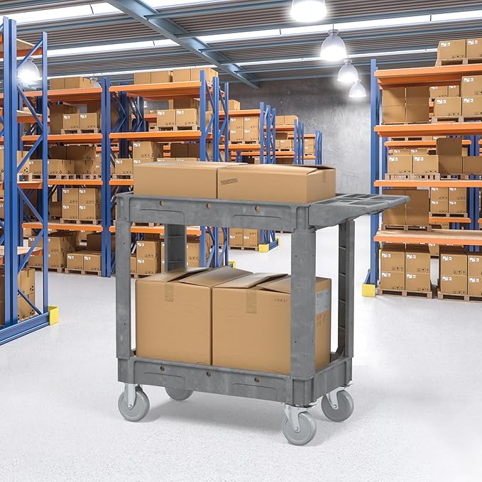 Utility Cart on Wheels, 2 Shelf Heavy Duty Plastic Rolling Cart, 550LBS Capacity Service Carts for Warehouse, Garage, School, Kitchens, Office(Gray, 40.6)