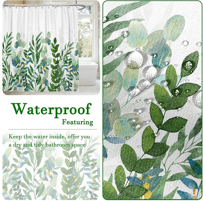 Spring Shower Curtain, Watercolor Mint Green Leaf Shower Curtain, Sage Green Plant Leaves Eucalyptus Shower Curtain, Greenery Botanical Curtain for Bathroom Country Decor, 72x72in w/12 Hooks