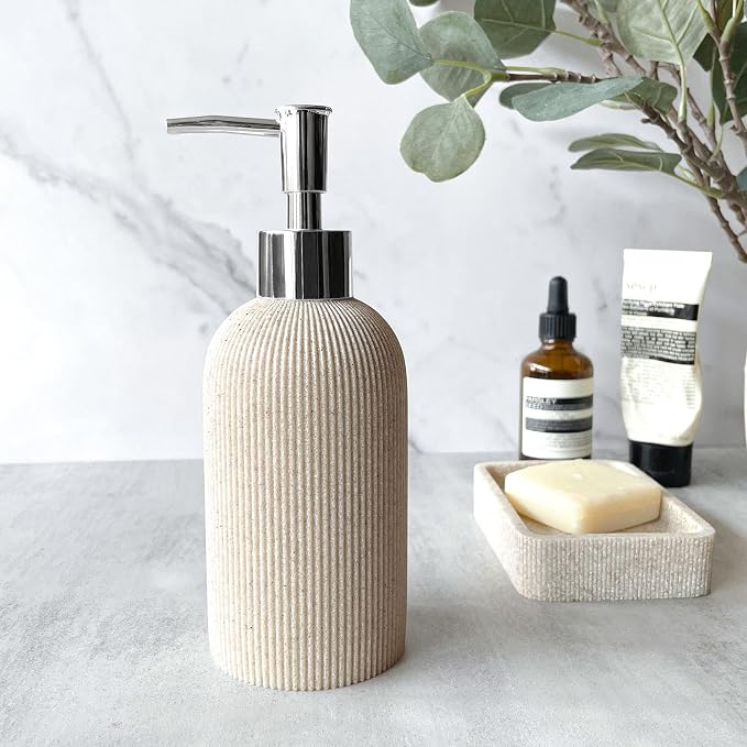 Sand Beige Hand Soap Dispenser for Bathroom and Kitchen with Pump, Luxury Farmhouse Style, Lotion, Dish Soap Dispenser, Sandstone Finish, Rust Proof, 7oz (Silver Pump)