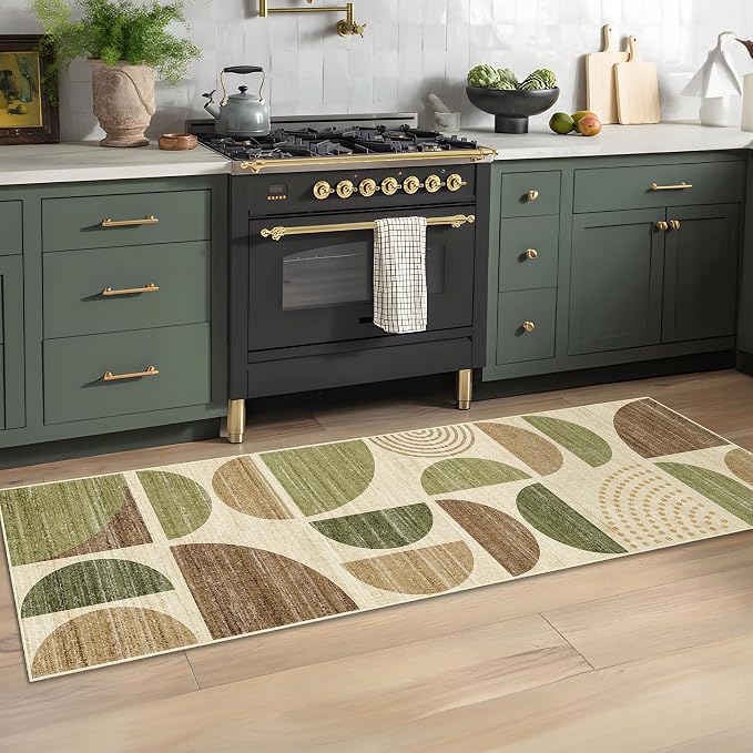 MUJOO Runner Rug Washable,2x6 Area Rugs for Hallways Kitchen Bathroom Bedroom Entryway,Non Slip Carpet Long Mat Indoor,Boho Soft Modern Abstract Vintage Green and Brown