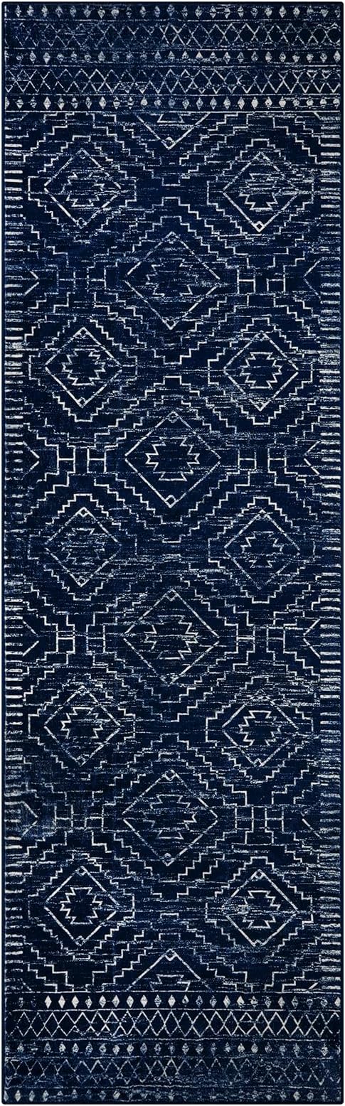 Wonnitar Washable Runner Rug for Kitchen, 2'6"x8' Moroccan Blue Hallway Carpet Runner, Non-Slip Long Geometric Rustic Entryway Floor Runner Soft Throw Mat for Bedroom Bathroom Closet (Blue,2'6"x8')