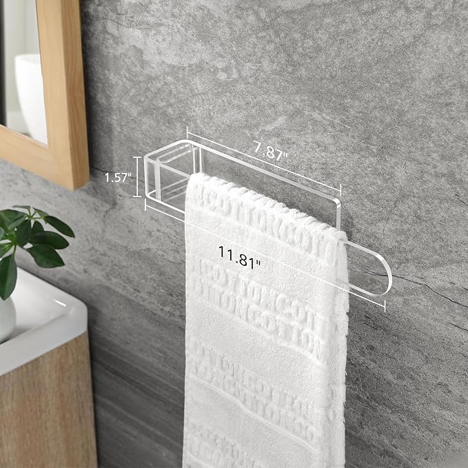 Taozun Adhesive Towel Holder - Clear Towel Bar Stick on Wall, 11.8-Inch Acrylic Hand Towel Rack Plastic Towel Ring for Bathroom