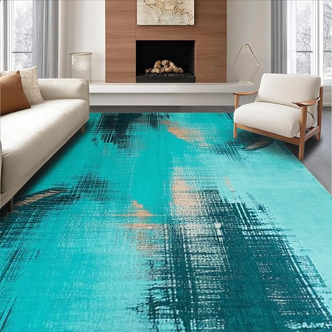 Flatwoven High Traffic Area Rug 5x7, Verdigris Patina Abstract Swirls and Brushstrokes, Non Slip, Stain Resistant, Washable Area Rugs for Living Room, Bedroom (Teal, 5x7)