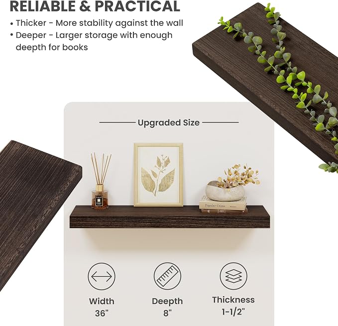 Solid Wood Floating Shelves for Wall 36"W x 8"D x 1.56"H Set of 2, Deep Wall Shelves for Living Room Bedroom Bathroom Kitchen Decor Storage with Invisible Heavy-Duty Metal Bracket, Rustic Brown
