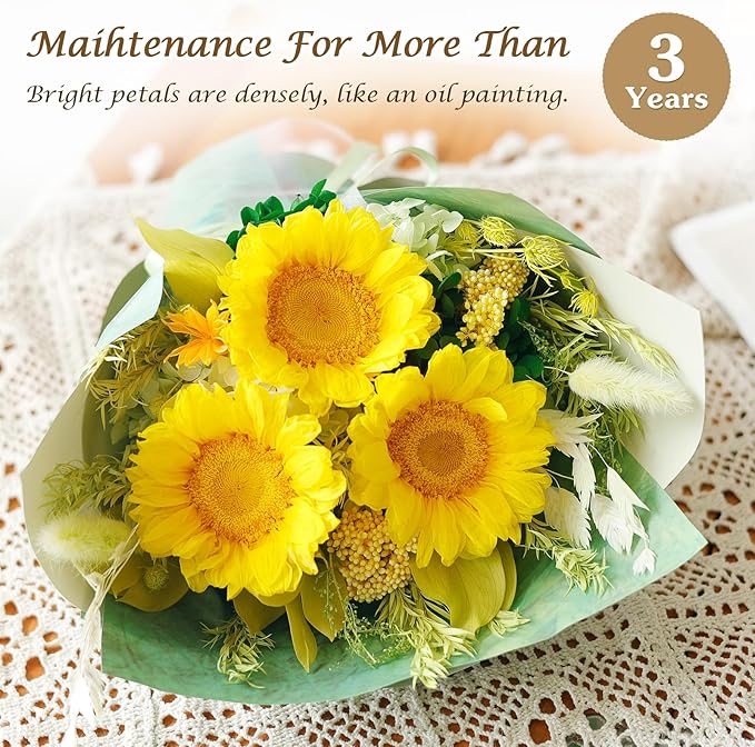 Preserved Flowers Sunflower Bouquet, Flowers Fresh Bouquet for Delivery, Preserved Eternal Flowers Bouquet Birthday Gifts for Women, Mom, Wife, Mothers Day, Grandma Her, Daughter That Last 1-3 Years