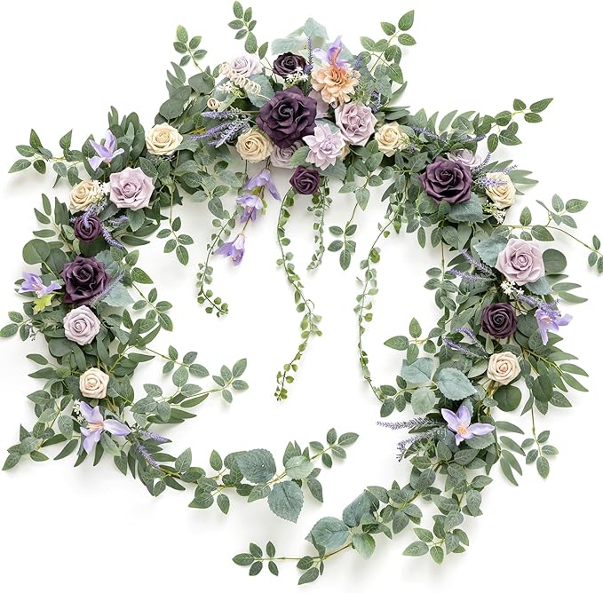 Ling's moment 9FT Eucalyptus and Willow Leaf Garland with White Flower, Handcrafted Wedding Sweetheart Table Centerpieces Head Table Decor Arch Backdrop Decorations for Wedding | Lavender Purple