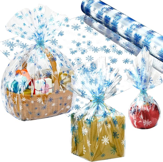 Christmas Cellophane Wrap Roll 100 ft Long 32 Inch Wide 3.1 Mil Thicken Long Film Wrapping Paper Plastic Gift Bags Large Basket Wrap for Xmas Decor Arts Crafts Flower(Clear, White, Blue,Snowflake)
