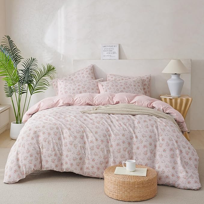 Comforter Set Queen Size Floral Soft 3 Pieces Chic Crinkle Gauze Fabric Garden Style Flower Print Botanical Comforter for All Seasons Luxury Warmth Comfy Breathable with 2 Pillowcases