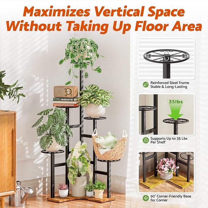 Plant Stand Indoor Outdoor, 6 Tier Tall Metal Wood Shelf Holder Display Rack Flower Pot Stand for Patio Garden Balcony Living Room Bedroom