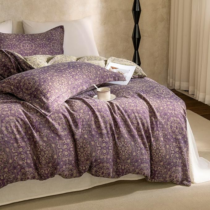 LifeTB Purple Green Floral Duvet Cover Queen Vintage Boho Medallion Bedding Set Queen 3 Pieces Jacquard Flower Comforter Cover Floral Yarn-Dyed Textured Linen Cotton Duvet Cover with 2 Pillowcases