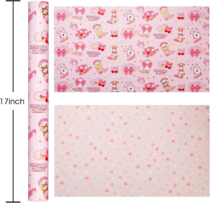 Homeral Pink Cowgirl Wrapping Paper Roll - 17In x 32.8Ft Reversible Gift Wrap with Western Boots Hat Cherry Pattern for Girls Birthday, Baby Shower, Cowgirl Party, Western Theme, Holiday Crafts