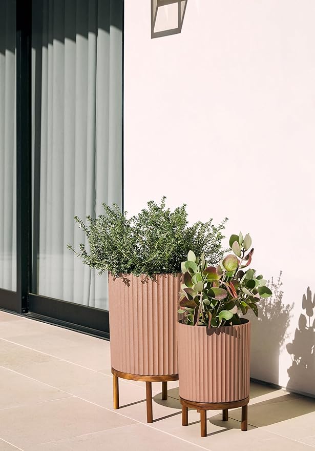 Veradek Demi Series Round Planter w/Stand for Porch/Patio | Durable Plastic-Stone Composite & Wooden Stand | Modern Décor for Tall Plants, Flowers