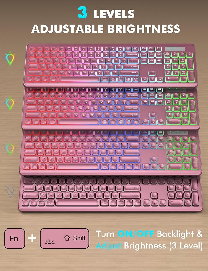Wireless Keyboard and Mouse Combo, RGB Backlit, Rechargeable & Light Up Letters, Full-Size, Soft Typing, Sleep Mode, 2.4GHz Quiet Keyboard Set for Mac, Windows, Laptop, PC, Trueque (Wine Red)