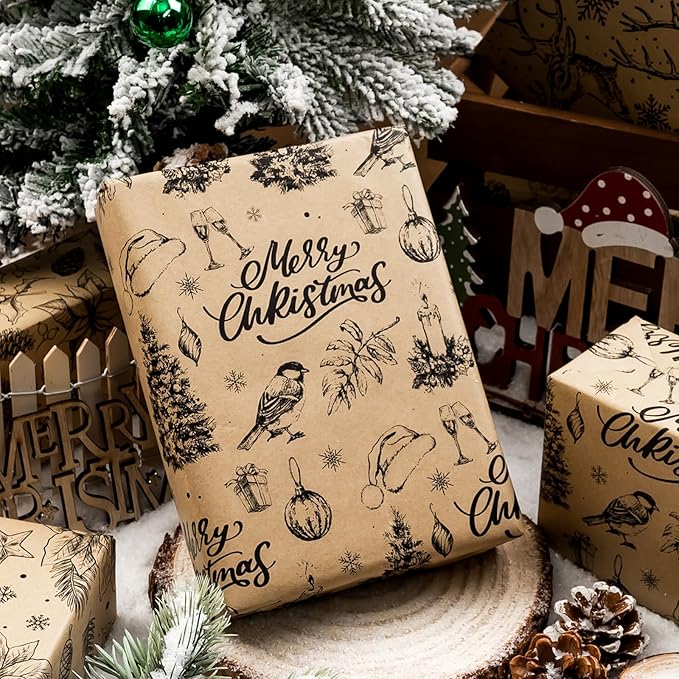 MAYPLUSS Kraft Christmas Wrapping Paper Jumbo Roll - 30 In X 120 In Per Roll - Vintage Brown Kraft Christmas Ornaments, Gingerbread Cookies, Pinecone & Deer Print Winter Gift Wrap for Rustic Holiday