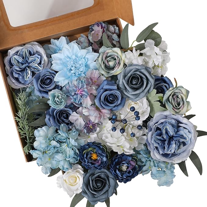 Floweroyal 2 Layers Artificial Flowers Combo Dusty Blue Flowers Mix Silk Flowers Dahlia Roses with Stems for Wedding Bridal Bouquets, Baby Shower, Floral Arrangement, Table Centerpieces