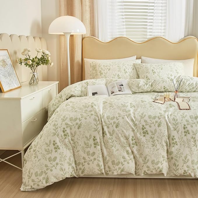 Garden Style Green Floral Comforter Set Full Size White Soft Fluffy Microfiber Comforter Chic Floral Printed Bedding Set Vintage Flowers Leaves Botanical Comforter Set All Seasons Full Comforter Set