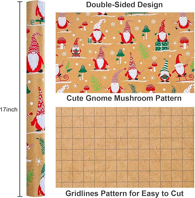 Yarcony Kraft Christmas Wrapping Paper Roll, Gnome Christmas Gift Wrapping Paper, Recycled Retro Festive Woodland Gnome Mushroom Gift Wrap Present Paper for Winter Holiday, Crafts (17 Inch X 33 Feet)