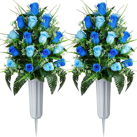 Artificial Cemetery Flowers - Set of 2 Grave Memorial Rose Flowers with Vase for Cemetery Headstones Gravesites Decoration (Dark Blue & Light Blue)