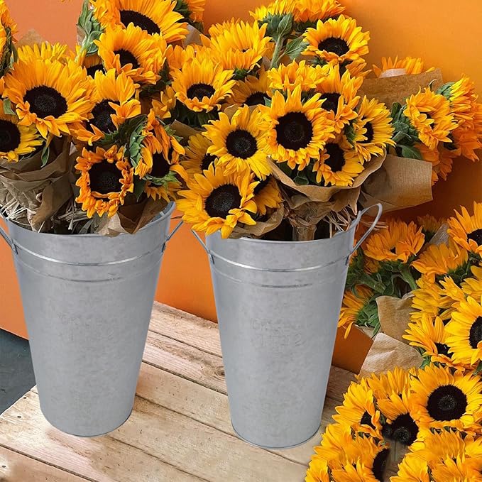 4 Packs 12 Inch Galvanized Metal Vases with Handles, Rustic Flower Buckets for Cut Flowers, Country Wedding, Table Centerpiece Decorations