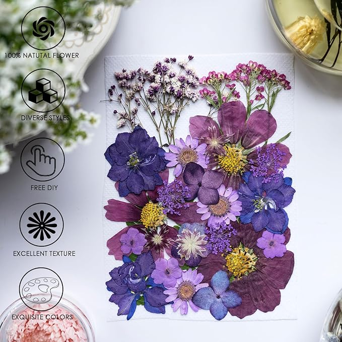 30Pcs Dried Pressed Natural Flowers for Resin Molds Real Pressed Flowers Dry Leaves Bulk Natural Herbs Kit for DIY Scrapbooking Art Crafts Jewelry Molds Candle Soap Making Nails Decor (Purple)